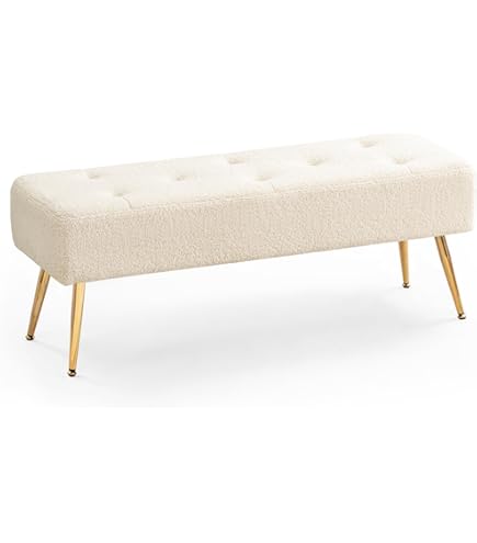 Storage Ottoman Bench, Faux Fur Upholstered End Of Bed Bench With Gold Metal Legs Entryway Bench Footrest Stool For Living Room Bedroom Ivory