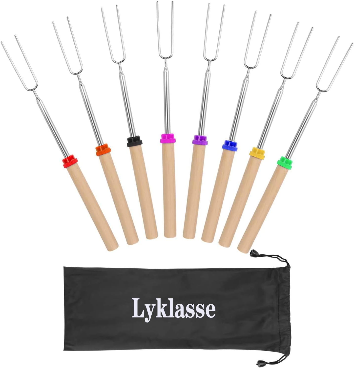Lyklasse Marshmallow Roasting Sticks, 8PCS Forks Set Barbecue Forks with Wooden Handle Extendable Telescoping Smores Skewers for Fire Pit Campfire, BBQ Tools-32 inch (8PCS) : Garden & Outdoor
