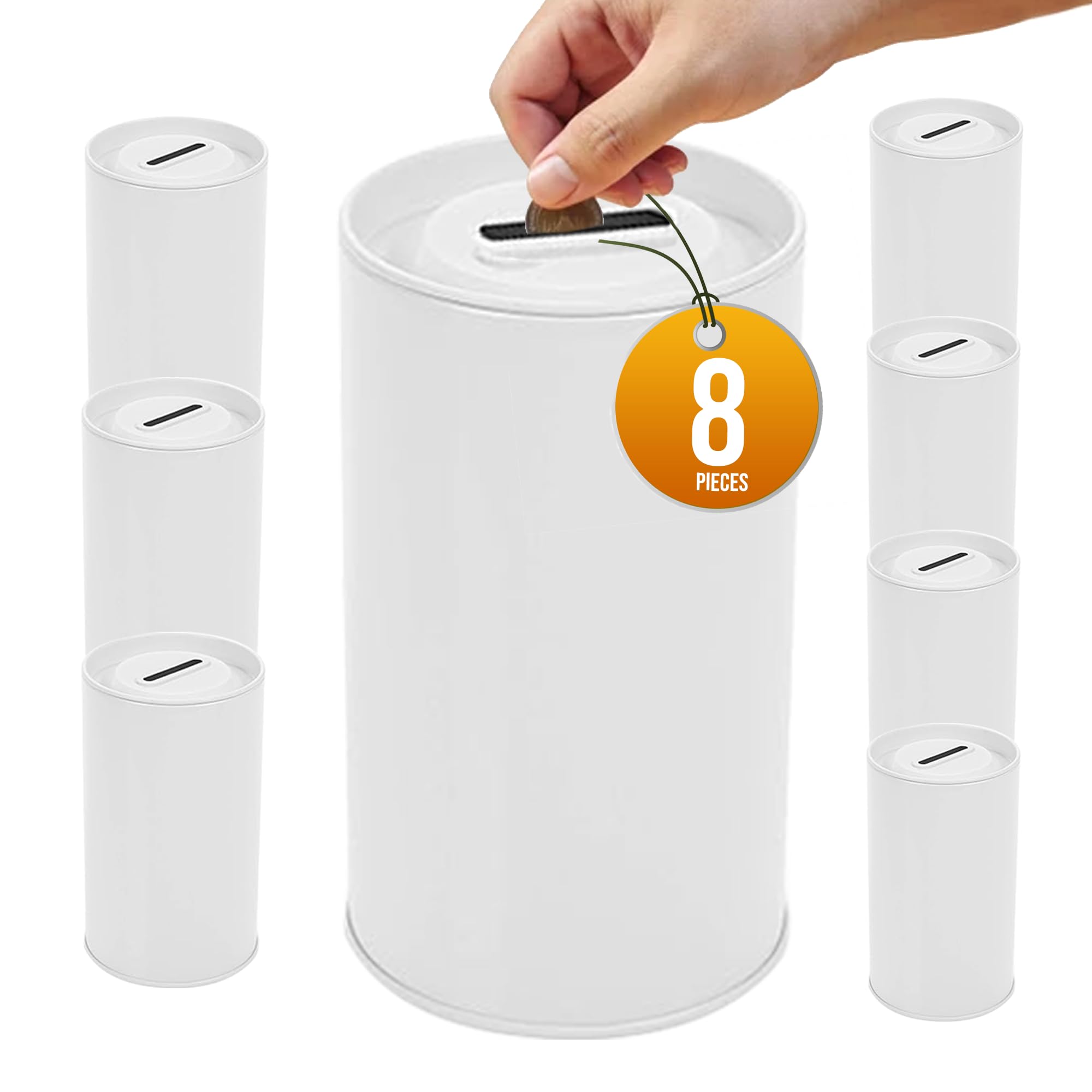 Cylinder Tin Charity Donation Coin Collection Tube Ticket and Suggestion Box 5"H x 3" Diameter Tip Canister with Removable Cover with slot (8 Pack) White