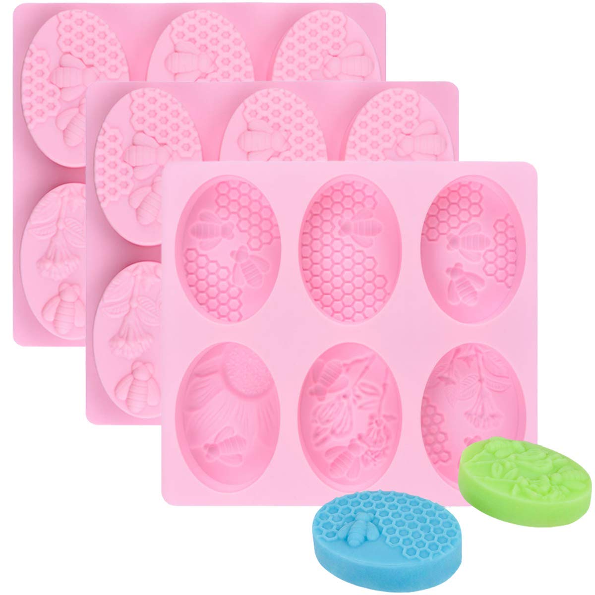 3Pcs/Set Honey Bee Silicone Soap Molds, 3D Bee Honeycomb Chocolate Candy Molds Silicone Oval Molds Beehive Cake Baking Pan Homemade Craft Beeswax Bath Bomb Lotion Bars Mold