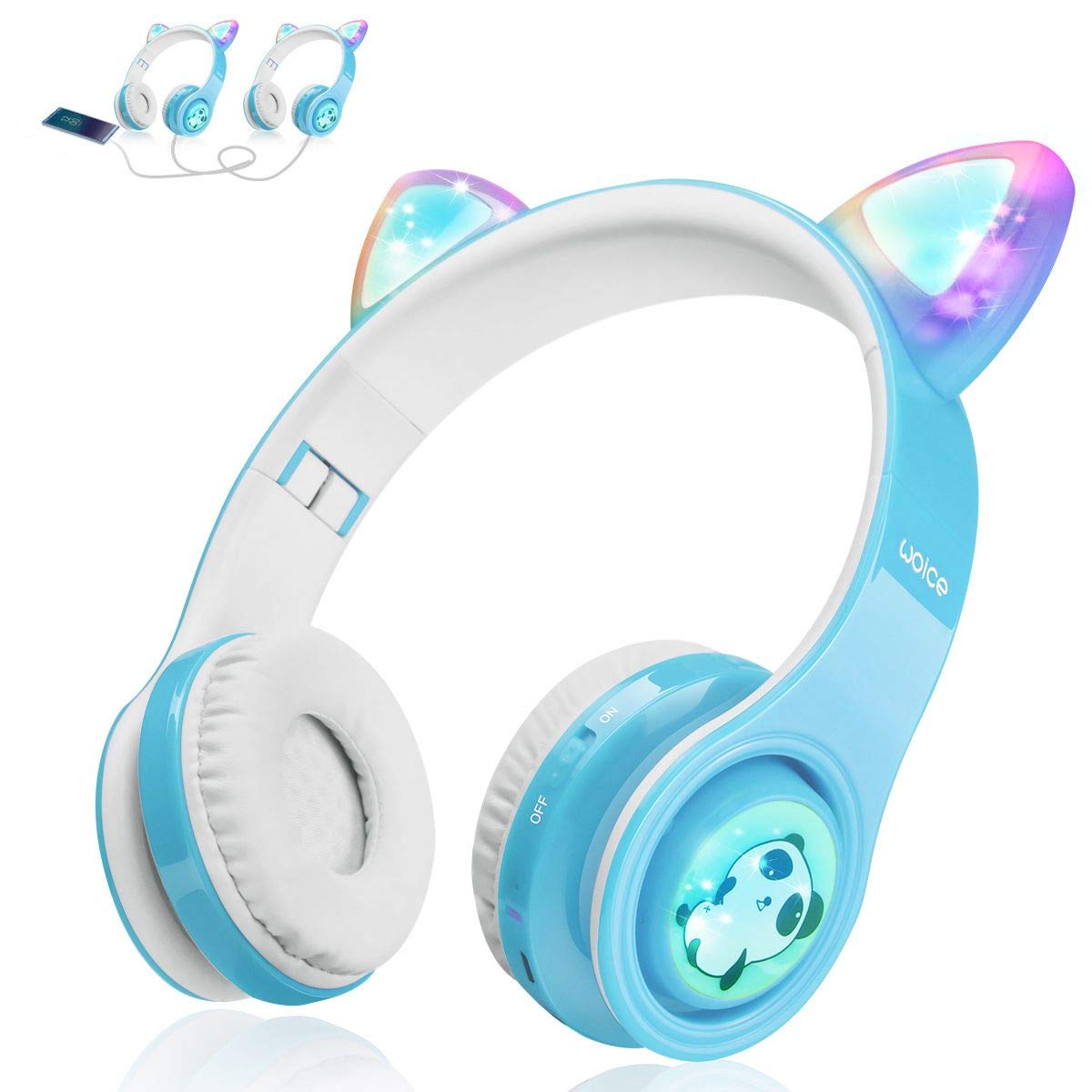 Photo 1 of Woice Kids Bluetooth Headphones Cat Ear LED Light Wireless Foldable Headphones Over Ear with Mic, Music Sharing Function and 0-85dB /110dB Limited for School Phone Pad Tablet PC Sky Blue
