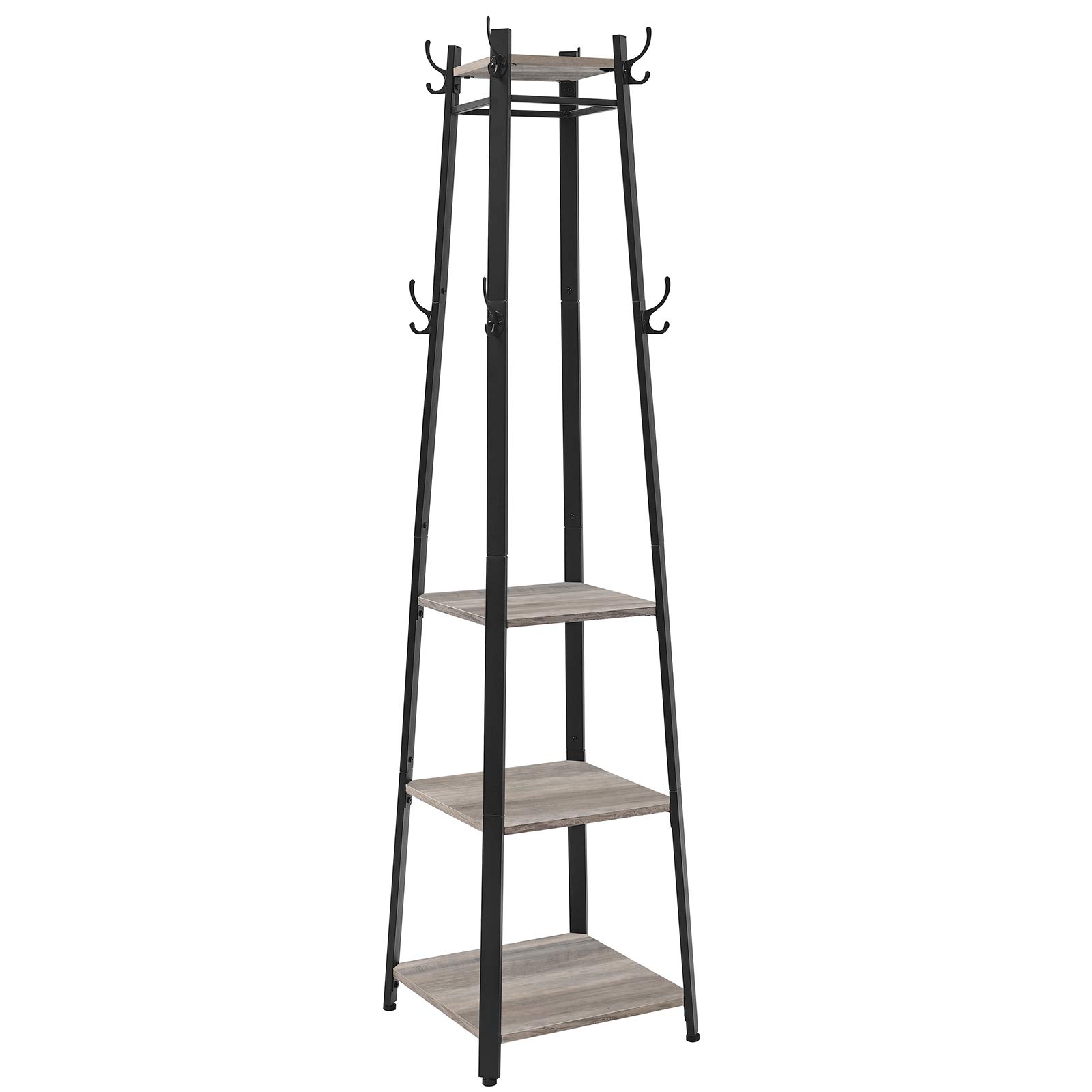 VASAGLE Coat Rack, Coat Stand with 3 Shelves, Hall Tree Free Standing with Hooks for Scarves, Bags, Umbrellas, Steel Frame, Industrial Style, for Entryway, Living Room, Greige and Black ULCR080B02 Image