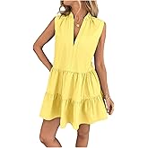 SOLY HUX Women's Summer Mini Dress V Neck Sleeveless Ruffle Babydoll Flowy Loose Dresses with Pockets