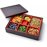 5 Compartment Japanese Bento Box with Removable Tray - Wood Grain Design ABS Food Container, 10.63x8.07x1.97 Inch, Portable Lunch Box for Office, Picnic, Sushi & (Red & Black)