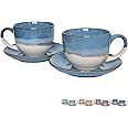 Bosmarlin Ceramic Cappuccino Cup and Saucer Set of 2, 10 Oz, Coffee Cups for Latte, Espresso, Tea, Dishwasher and Microwave Safe (Blue)