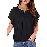 WANGZHI Womens Batwing Sleeve Pleated Round Neck Blouses Dressy Casual Spring Double Layers Mesh Tops for Women 2025