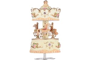 3-Horse Carousel Music Box,HUIOP Laxury Windup 3-Horse Carousel Music Box Artware/Gift Melody Castle in The Sky Pink/Purple/B