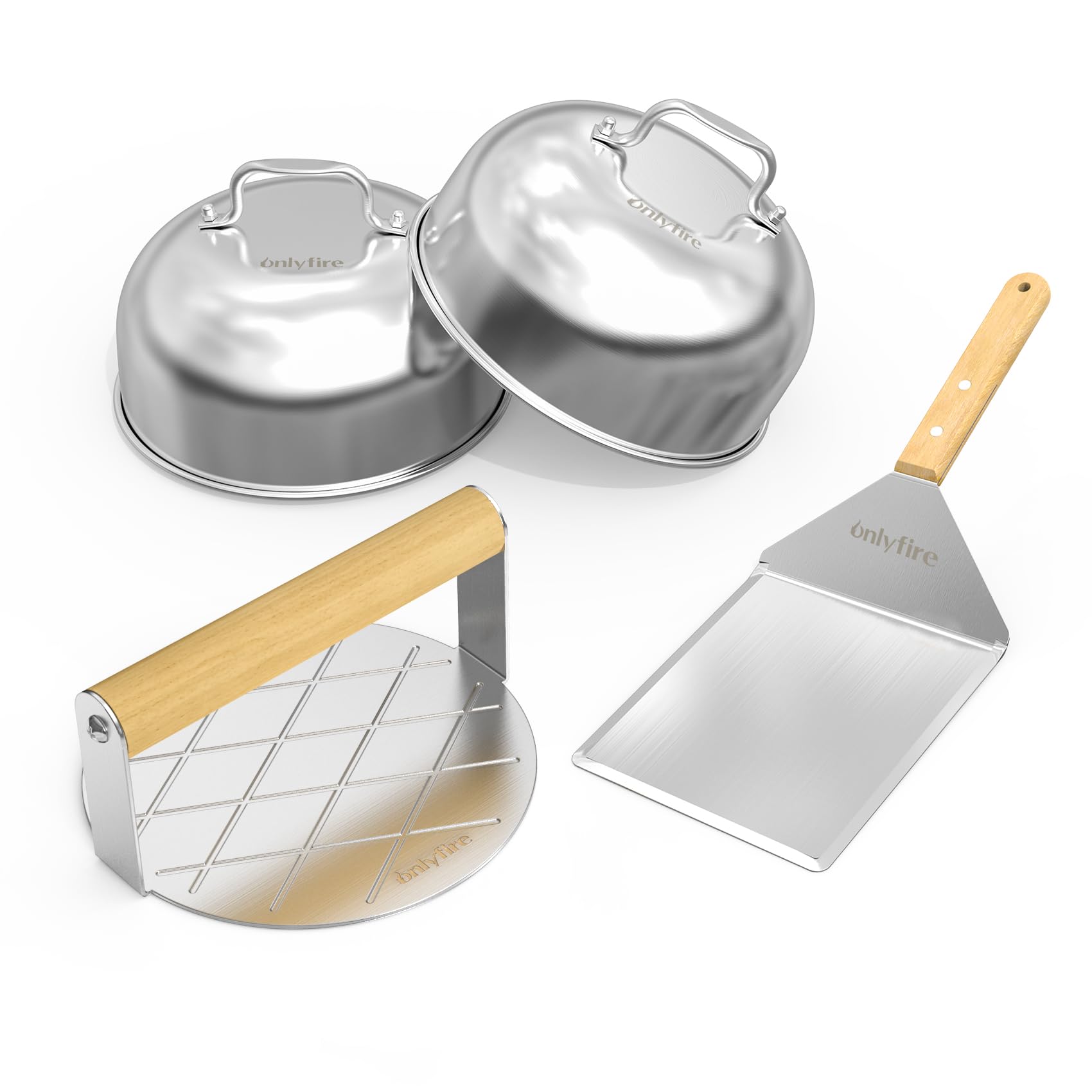 Onlyfire BBQ Griddle Accessories Kit, 2 x 16cm Burger Cover Cheese Melting Dome, Round Burger Smasher and Large Spatula Turner, Professional Grill Accessories Tools for Flat Top Griddle, Teppanyaki