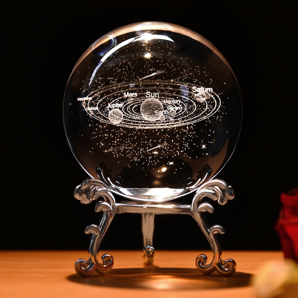 IFOLAINA 3D Solar System Crystal Ball 2.4" Astronomy Gifts for Kids the Solar System Model Glass Paperweights for Physicist Decorative Planets with Stand