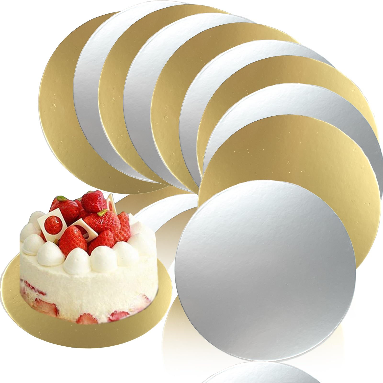 FINEASY 10 PCS Cake Boards, 20 cm Cake Board, 2mm Thick 8 Inch Round Cake Base, Silver & Gold Cardboard Cake Plates, Reusable Cake Drum for Cakes, Weddings and Events