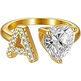 Wellike Gold Initial Ring For Women Non Tarnish Dainty Letter Ring 18k Gold Plated Open Adjustable Gold Rings Heart Pinky Trendy Cubic Zirconia Tarnish Free Jewelry