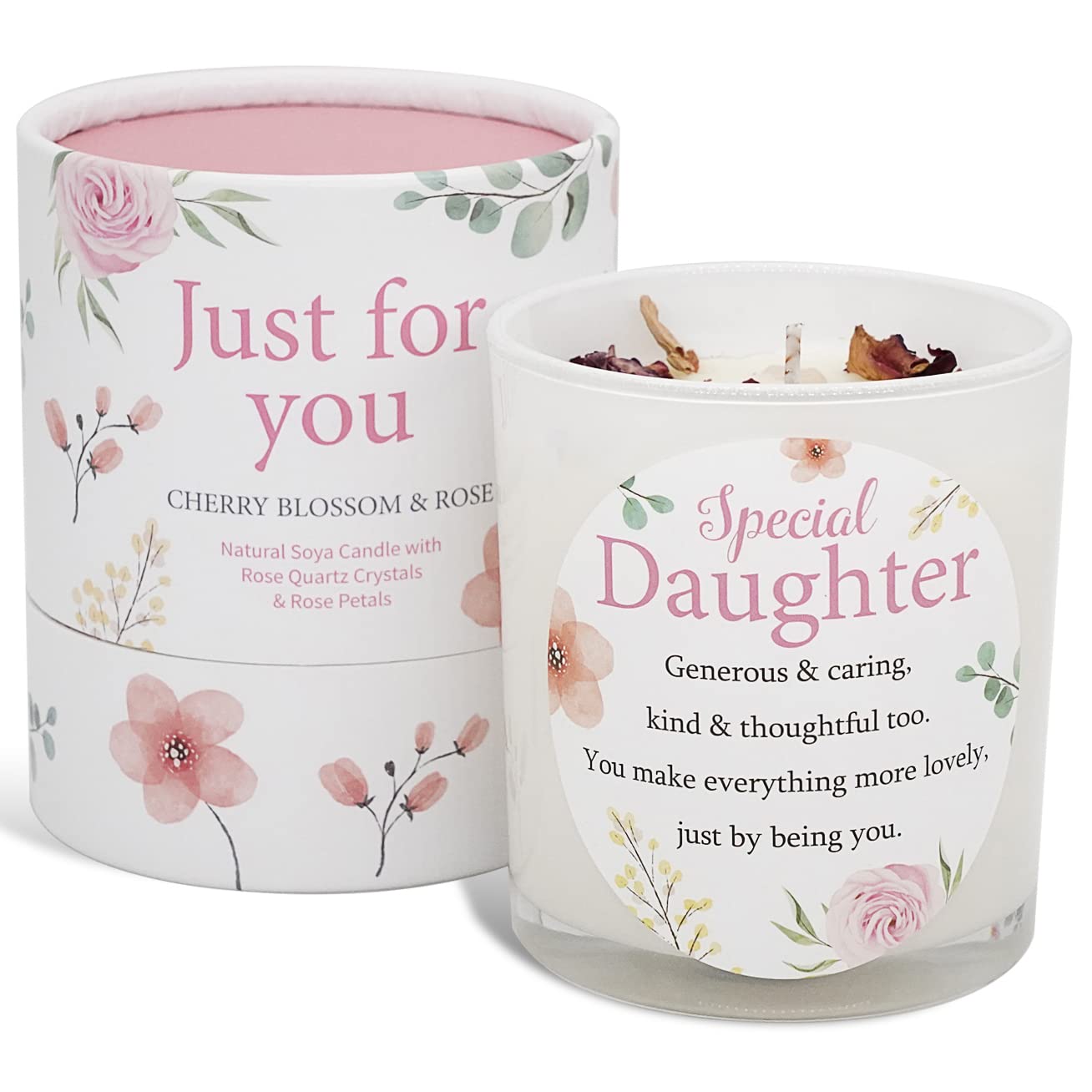 Daughter Candle that Makes a Thoughtful Gifts for Daughter - Ideal Christmas and Special Daughter Birthday Gifts SOYA Candle with Rose Quartz and Rose Petals