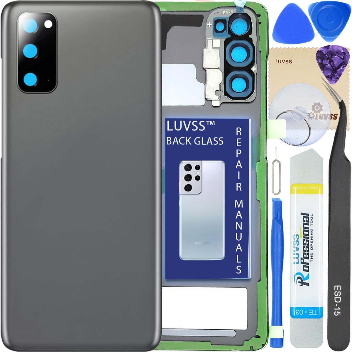 LUVSS Glass Back Cover Compatible with Samsung Galaxy S20 Glass Replacement + Camera Lens + Repair Manual DIY Tools Kit SM-G981B G980B -Cosmic Gray