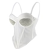 ELLACCI Women's Rhinestone Mesh Corset Top Sexy Club Party Bustier Tops White