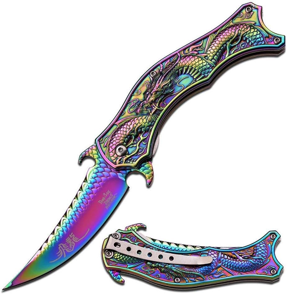Dark Side Ballistics DS-A019RB Spring Assist Folding Knife, Rainbow with Dragon Scale Detail Blade, Rainbow Handle, 4.5-Inch Closed : Sports & Outdoors
