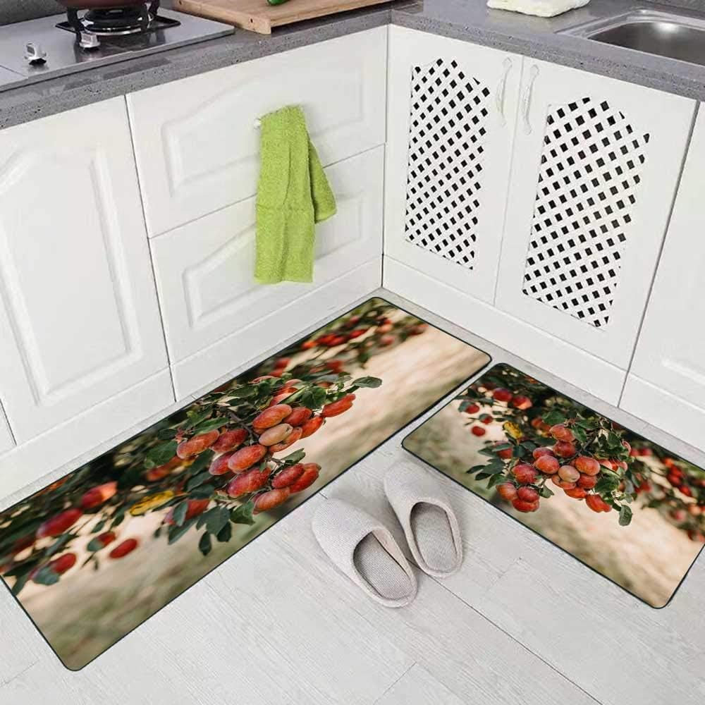 Fullentiart Kitchen Rugs and Mats,Comfort Kitchen Rugs Kitchen Rugs Non Skid Washable Rug Kitchen Floor Red Apple Tree in Autumn Fruit Garden 2 Pieces 17X48+17X24 Inches
