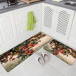 Fullentiart Kitchen Rugs and Mats,Comfort Kitchen Rugs Kitchen Rugs Non Skid Washable Rug Kitchen Floor Red Apple Tree in Autumn Fruit Garden 2 Pieces 17X48+17X24 Inches