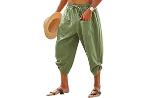Thatrich Mens Linen Capri Pants 3/4 Length Summer Beach Trousers Breathable Workout Yoga Beah Shorts Casual Hippie Pant Comfy