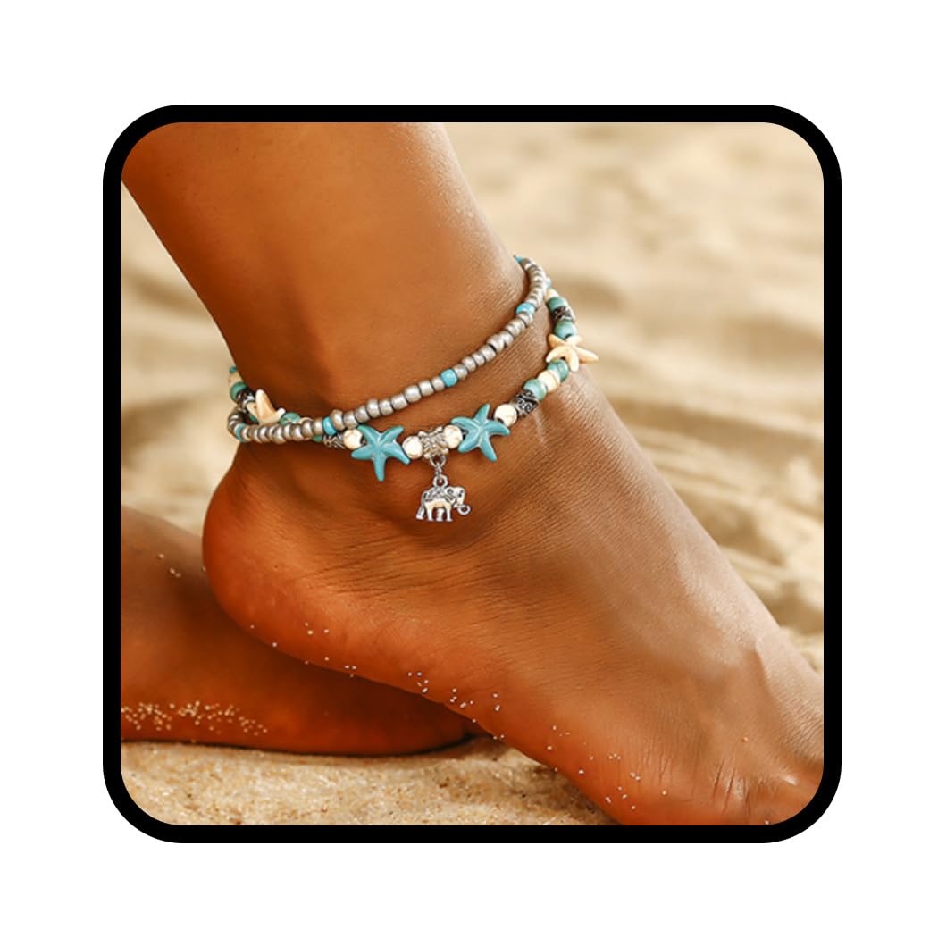 Fashband Boho Layered Elephant Anklet Turquoise Beaded Beach Ankle Bracelet Starfish Foot Jewelry for Women and Girls(Silver)