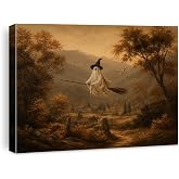 Halloween Wall Art Decor, Ghost Witch Broom Canvas Print Framed 8x10 Inch | Spooky Fall Decor For Living Room Bedroom Entryway Nursery Office Den Autumn Cute Ghost Canvas Print Framed 8x10 Inch