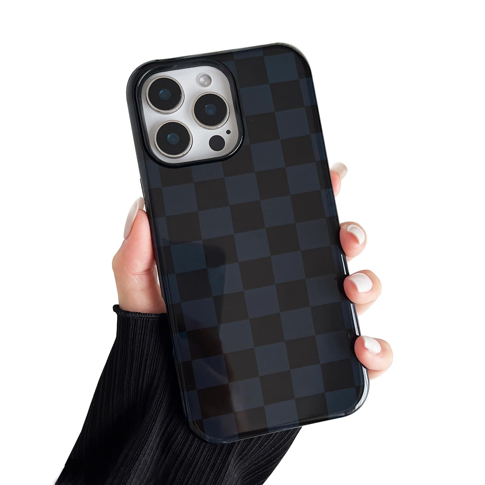 CHEDEMK Compatible with iPhone 16 Pro Case, Cute Aesthetic Fashion Colorful Checkered Cover for Women, Shockproof Slim Soft TPU and Hard PC Protective Phone Case for iPhone 16 Pro 6.3"- Black