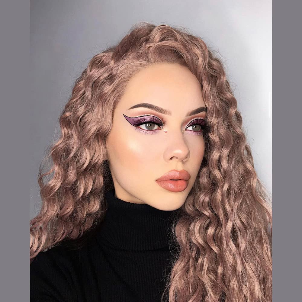 Purple Pink Wig Long Water Wave Hair Natural Hairline Heat Resistant Fiber Synthetic Lace Front Wigs for Women Cosplay Party Holidays 24 Inch (Rose Pink)