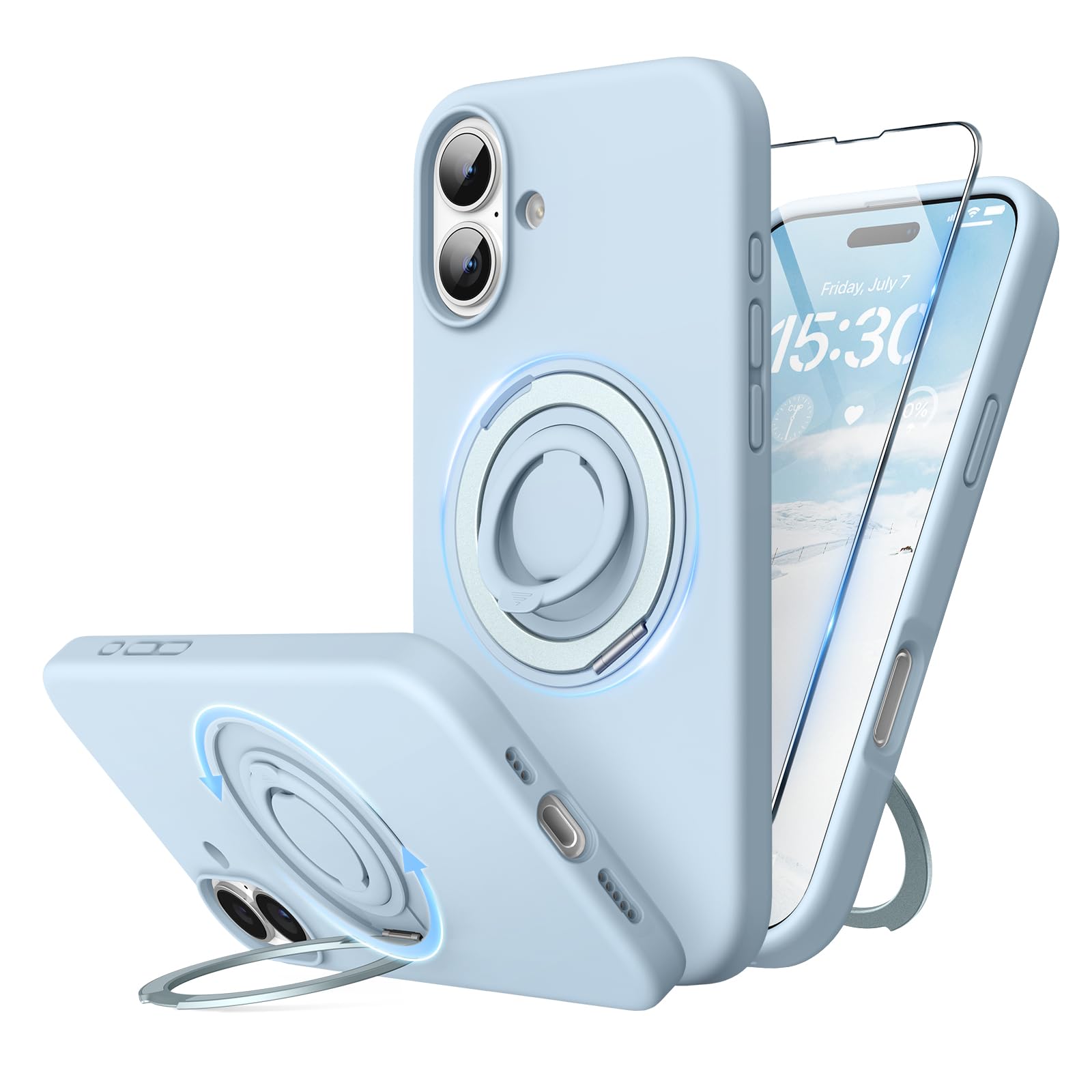SURPHY Design for iPhone 16 Case, with 360° Rotatable Magnetic Stand & Finger Ring, Liquid Silicone Phone Case for iPhone 16 6.1 inch 2024, Cloud Blue