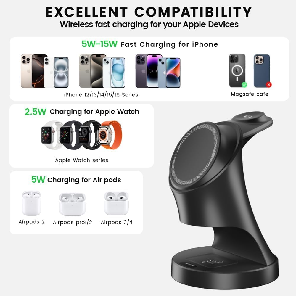 Ladestation Apple Watch und iPhone, 3 in 1 Induktive Ladestation mit Magsafe Ladegerät Wireless Charger Kompatibel mit iPhone 17 16 15 14 13 12 Air/Pro Max,für Apple Watch und AirPods (Schwarz) 3
