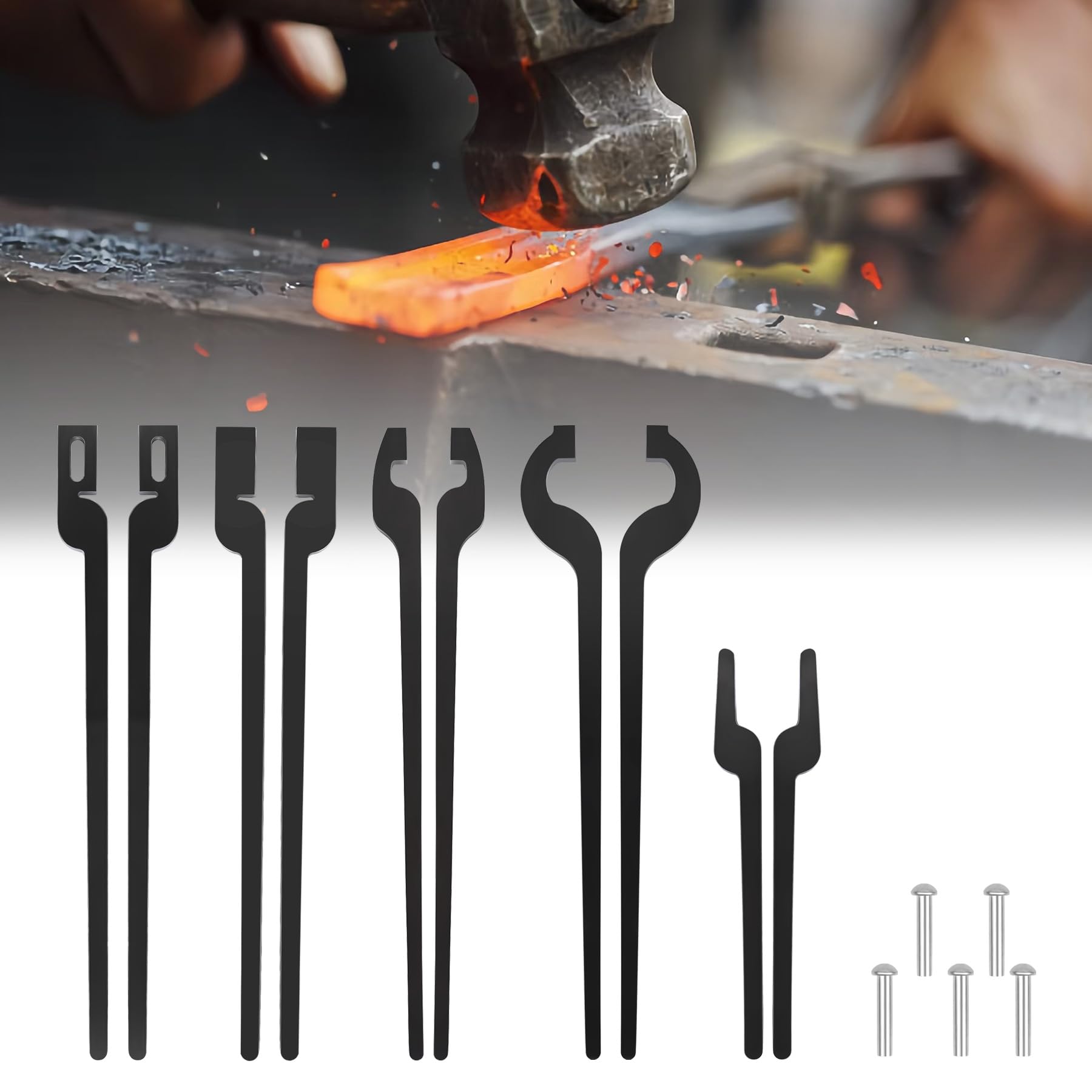 DIY Rapid Tongs Bundle Set, Five Types of Blacksmith Tongs Bundle Set with Rivet for Blacksmith Beginners Including Rapid Bolt, Scrolling, Flat Jaws, Slot Jaws and V-Bit Tongs
