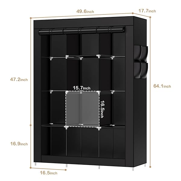 PORTABLE CLOSET FOR HANGING CLOTHES – 66.7-INCH LARGE CAPACITY CLOTHES RACK WITH HOOD, 8 STORAGE SHELVES, 2 HANGING ROD AND 3 SIDE POCKETS,NON-WOVEN FABRIC FREESTANDING CLOSET FOR BEDROOM, BLACK