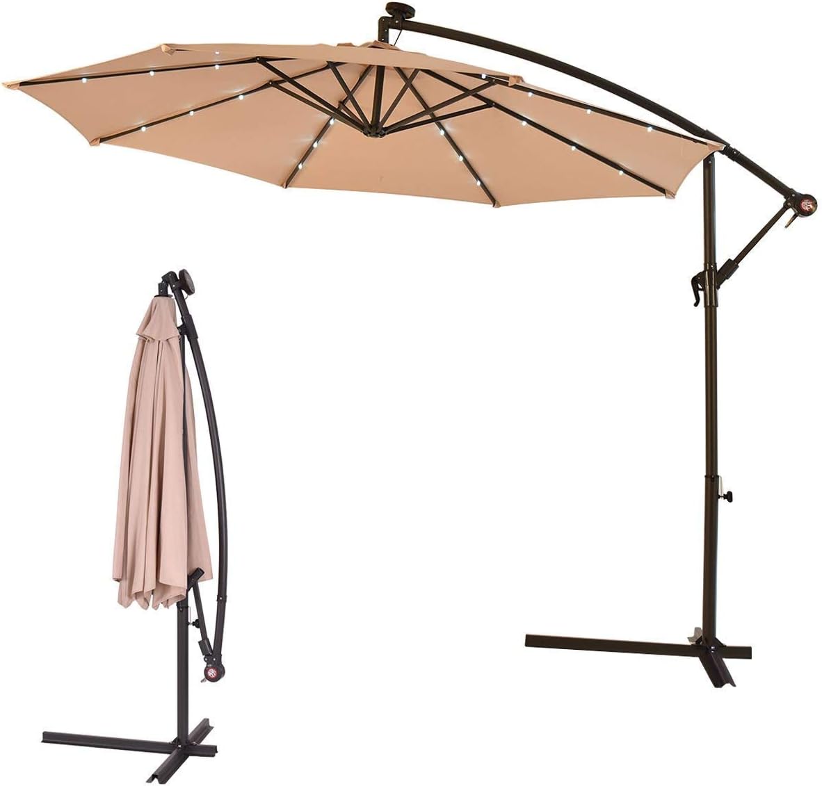 Amazon Com Tangkula 10ft Outdoor Patio Umbrella Solar Led Lighted Sun Shade Market Umbrella With Hanging Cover And Cross Base Beige Garden Outdoor