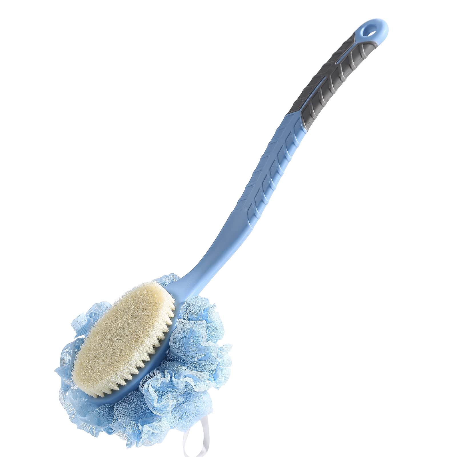 Photo 1 of [2nd Generation] Shower Body Brush with Bristles and Loofah,Back Scrubber Bath Mesh Sponge with Curved 16" Long Non-Slip Handle Skin Exfoliating Massage Suitable for Men and Women (Blue)