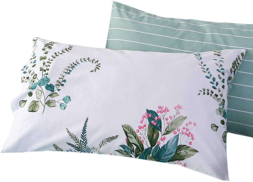 FenDie Girls Bed Plant Flowers Printed Pillow Cases Standard (20"x 26") Size, Reversible Cotton Queen Pillow Covers Envelope Closure End, 2 Pieces, White Green