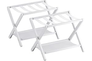 VOVALA Luggage Rack, Set of 2, Folding Suitcase Stand with Storage Shelf, Premium Bamboo Luggage Holder for Guest Room, Bedro