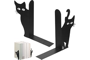 Peeping Cat Metal Bookends Set of 2, Cute Book Ends for Shelves Decorative, Black Cat Book Stopper for Heavy Books, Home Offi