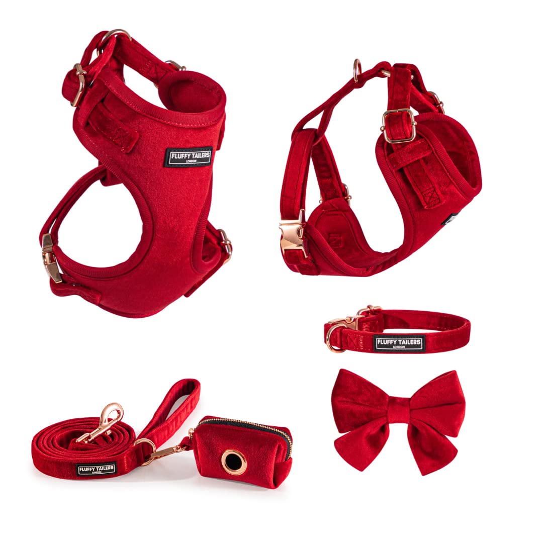 Luxury Red Velvet Collection Small Dog Harness, Collar, Bow Tie And Lead Set with Poo Bag Holder, Cute No Pull Adjustable Breathable Soft Puppy Harnesses with Lead(Extra Small)