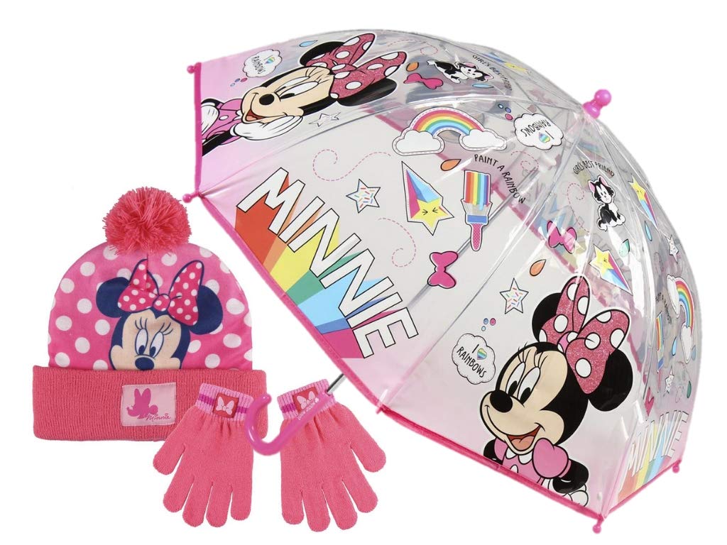 Bonito paraguas de Minnie con guantes y gorro a juego.