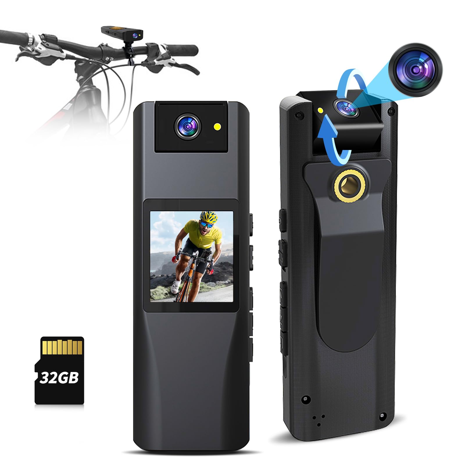 CAMMHD 1296P Body Camera with Audio and Video 180°Rotatable Lens 7 Hours Bodycam Daily Camera Security Surveillance Riding Meeting(32GB)