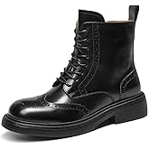 BEAU TODAY Combat Boots Womens, Leather Lace-up Brogue Oxfords Boots, Chunky Low Heel Ankle Booties for Women, Fashion Platform Dressy Fall Short Booties Shoes with Side Zipper