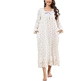 Rubehoow Women's Victorian Nightgown Vintage Long Sleeve Pajama Dress Soft Cotton Lounge Dress Nightwear