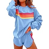 Muineobuka Womens Rainbow Striped 2 Piece Lounge Sets Casual Striped Color-Blocked Sweatshirt and Shorts Set Loungewear