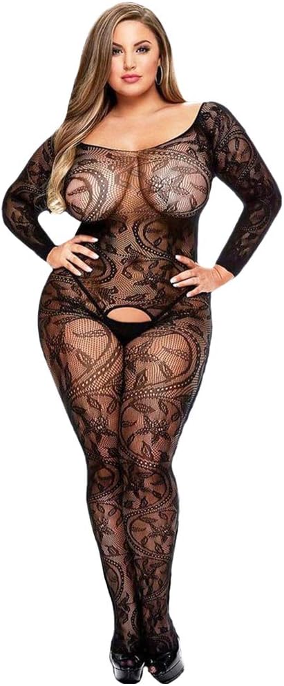 Curbigals Women Sexy Lingerie Plus Size Crotchless Bodystocking Long Sleeves Bodysuit (Black, XXXL|US 22-24W)