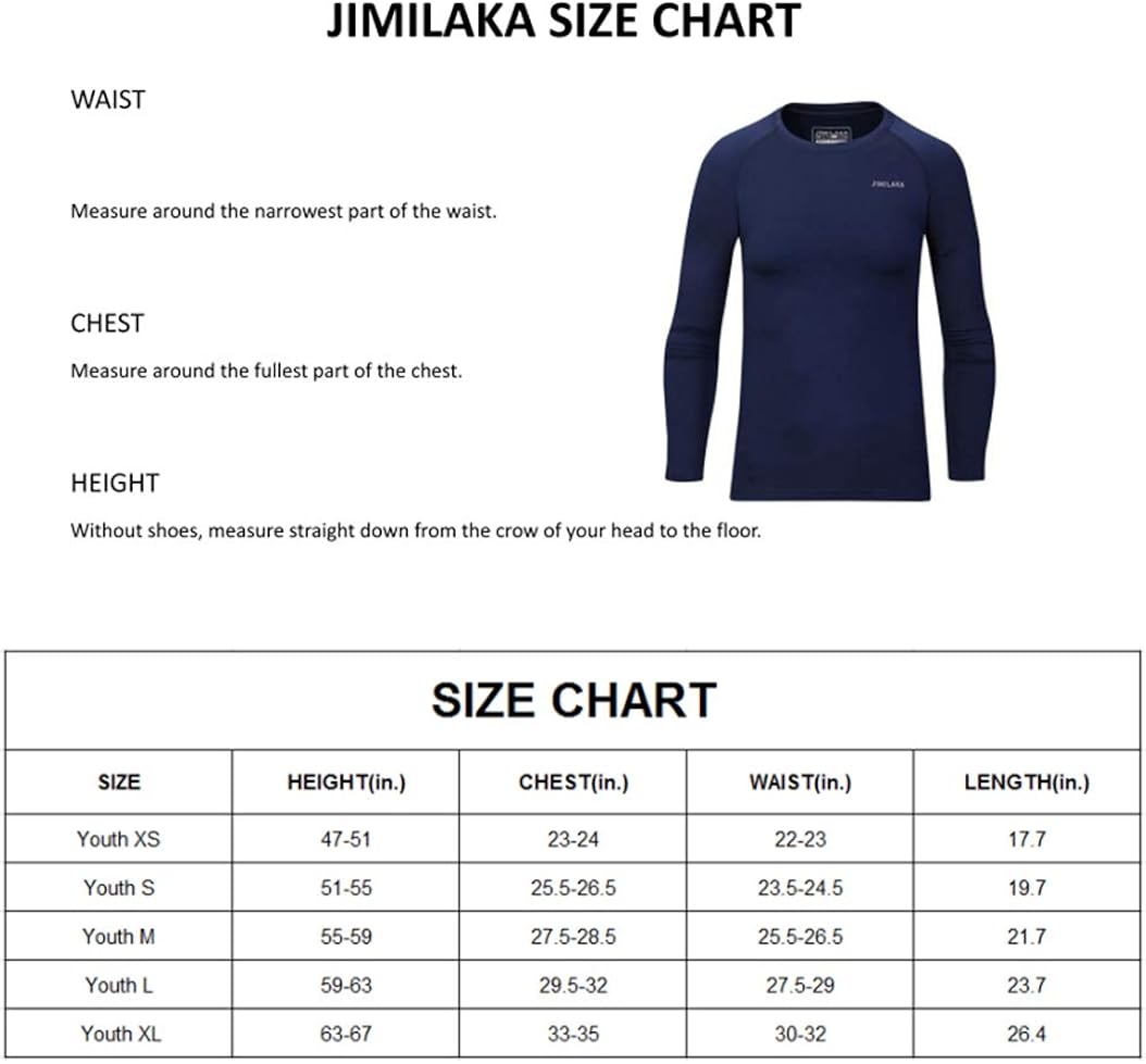 Jimilaka Youth Boys' Compression Thermal Fleece Crew Neck Shirt Baselayer Long Sleeve Undershirts Top: Clothing