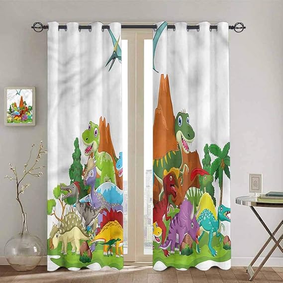 Dinosaur Kids curtain, Funny Creatures Trees Curtains 84 inch length