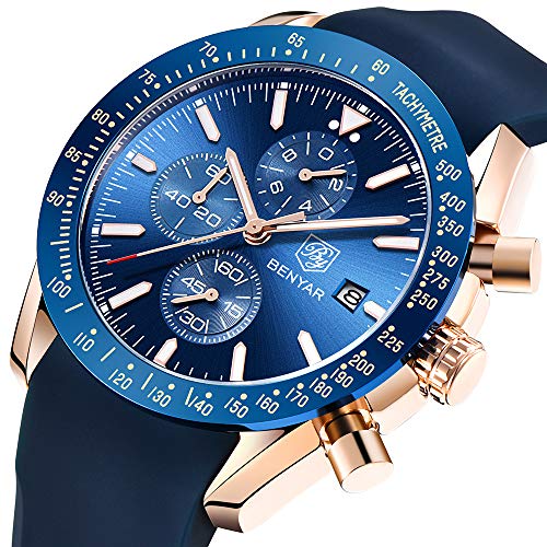 BENYAR Mens Watches Waterproof Chronograph Analog Quartz Watch Men Luxury Brand Business Wristwatch with Silicone Strap