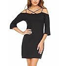 Finejo Women Dress Plus Size Black Long Sleeve Off Shoulder Strap Loose Casual Shift Midi Dress