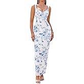 HTZMO Women Summer Floral Bodycon Maxi Dress V Neck Halter Sleeveless Casual Wedding Guest Party Elegant Long Dresses