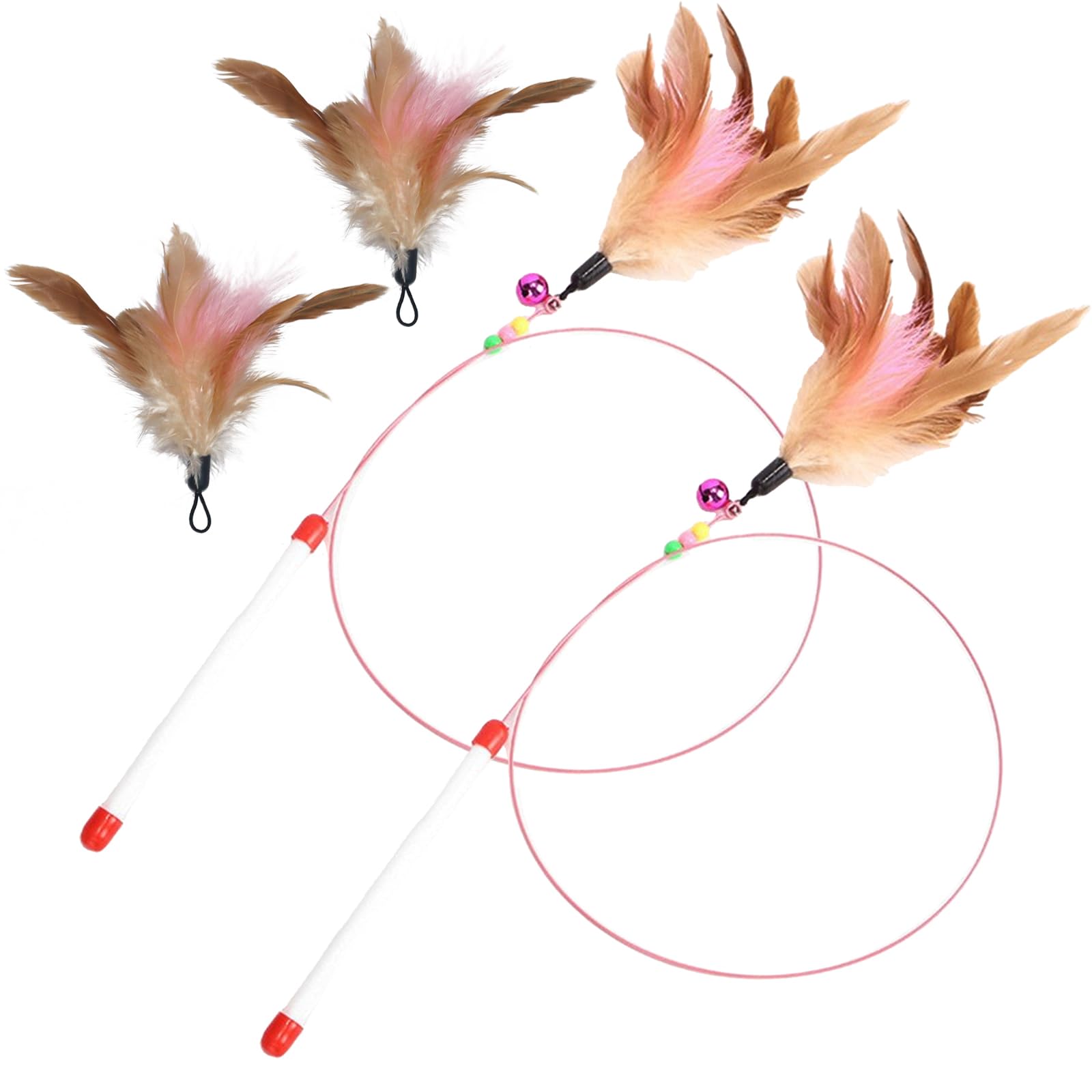 RANYAKE 2Pcs Feather Teaser Cat Toy,Cat Feather Toys,Interactive Cat Catcher and Exerciser Wand,Cat Teasing Sticks with Bells and Feathers,Comes with a replaceable feather toy,Cat toys