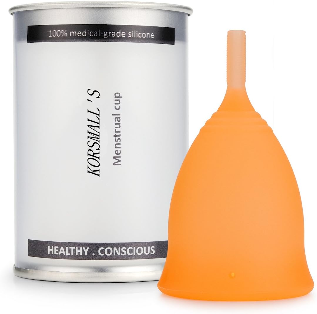 Reusable Menstrual Cup by KORSMALL,Economical Feminine Alternative Protection for Cloth Sanitary Napkins,Most Comfortable Period Cups- Soft, Flexible, Medical-Grade Silicone (Orange, Small)