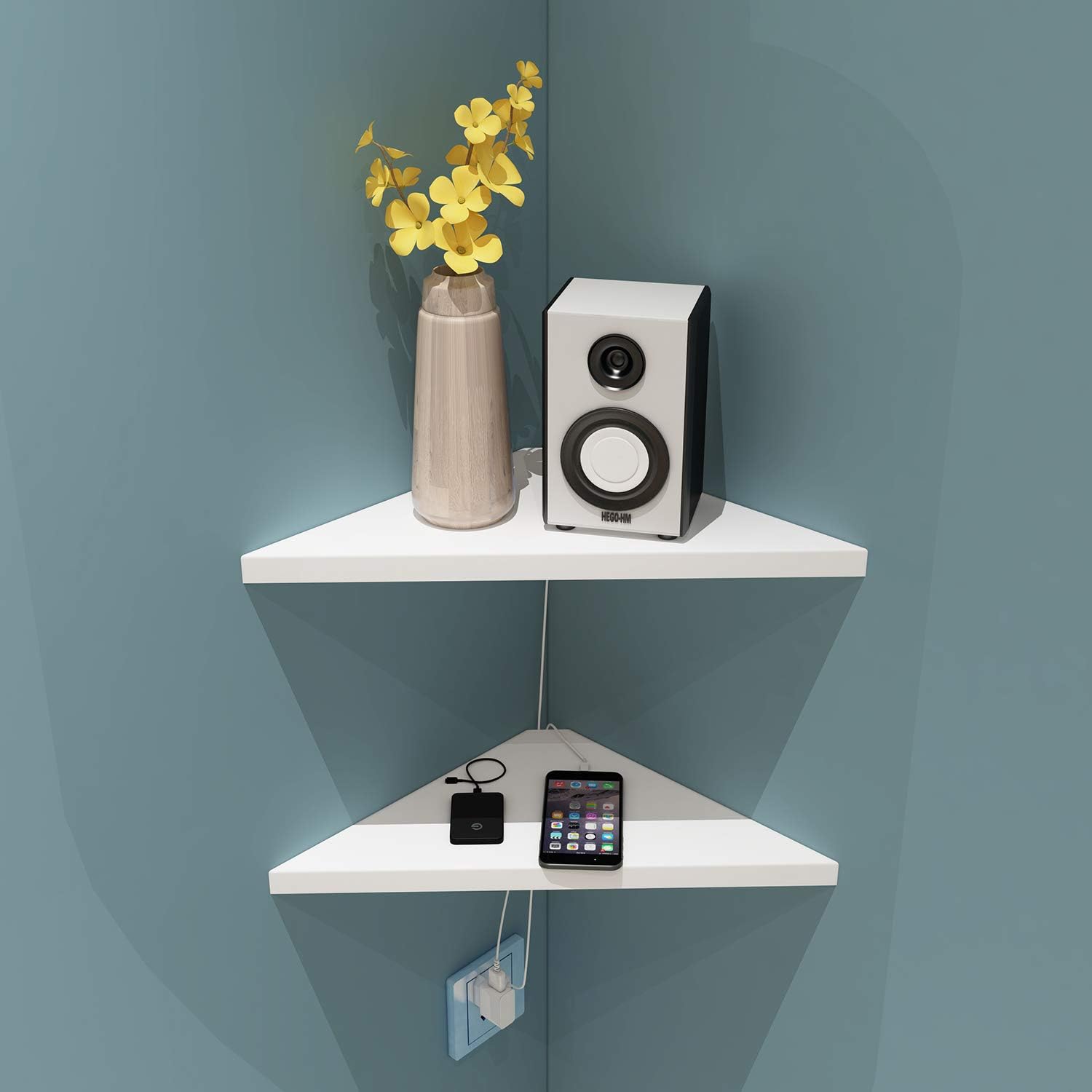 Evron Corner Mounting Shelf,Easy to Install Wall Corner Shelf,Set of 2 (White Wood Striped with Hole Pattern): Kitchen & Dining